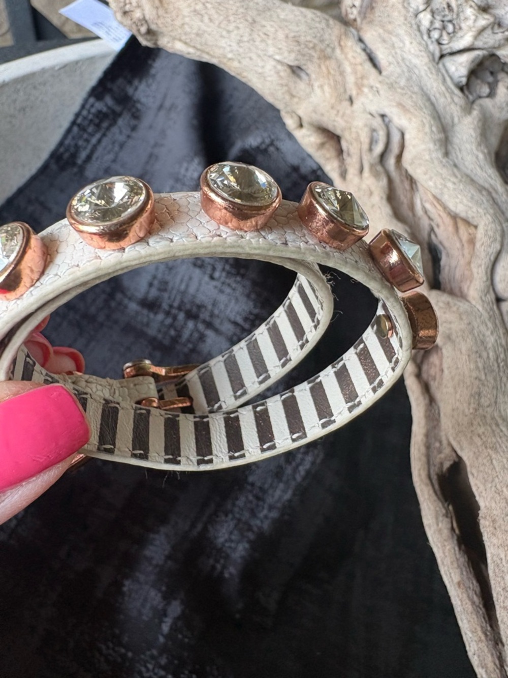 Crystal Studded White Leather Bracelet with Rose Gold Accents
